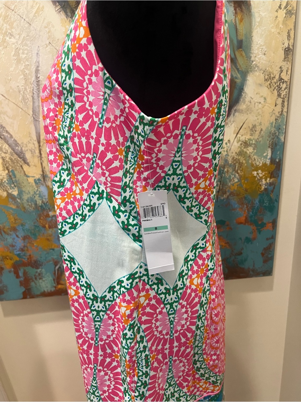London Times Sleeveless Shift Dress Pink Green Medallion Print US 8 - Picture 8 of 16